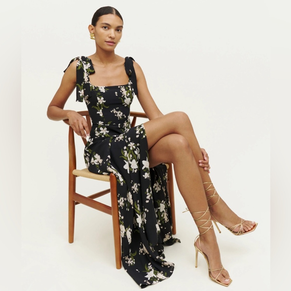 Reformation Westerly Tie Strap Long Formal Dress with Slit in Black Floral